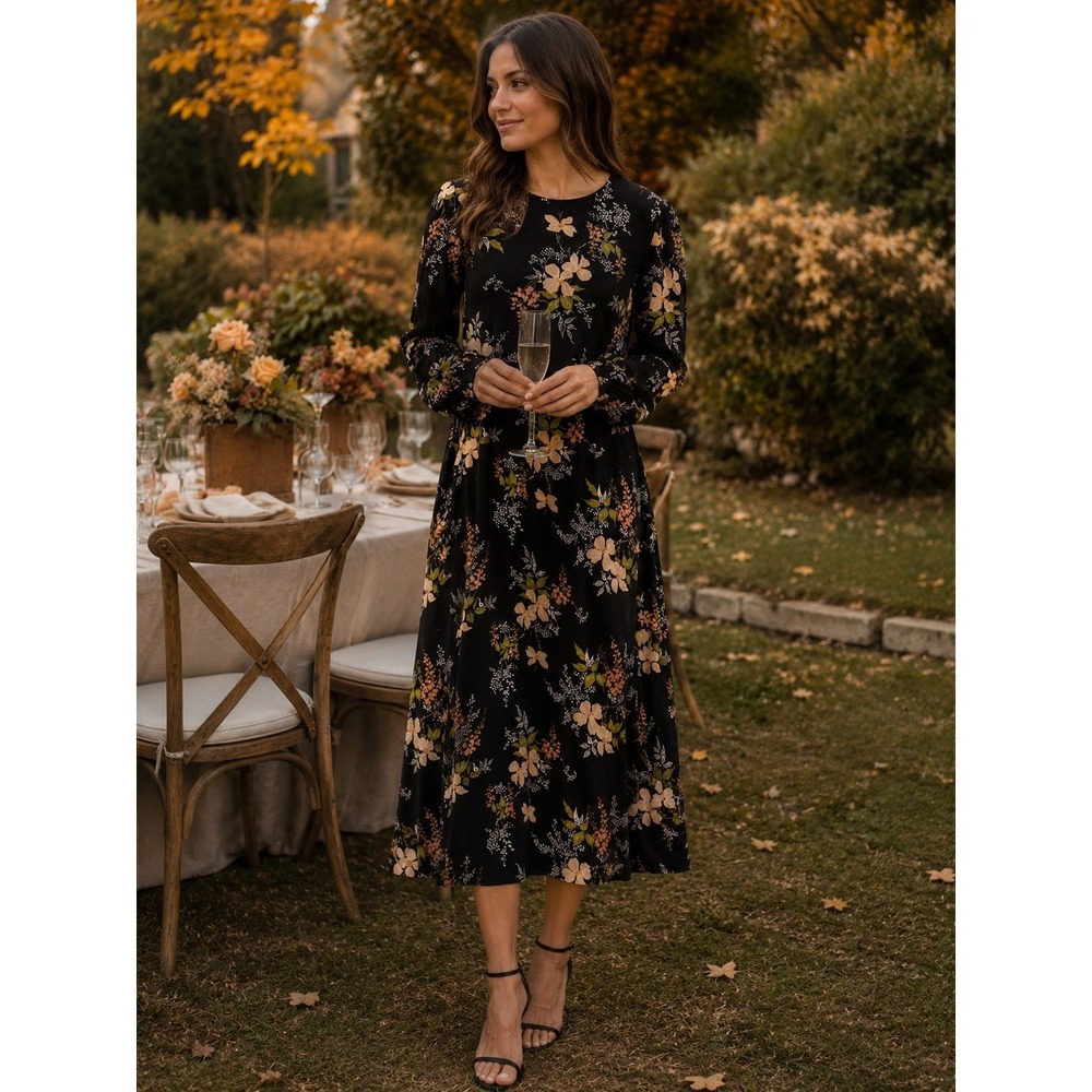 Reformation black floral print Isabella Kellan long-sleeve midi dress Size 10